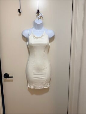 Sleek Cream Halter Mini Dress with Cowl Neck